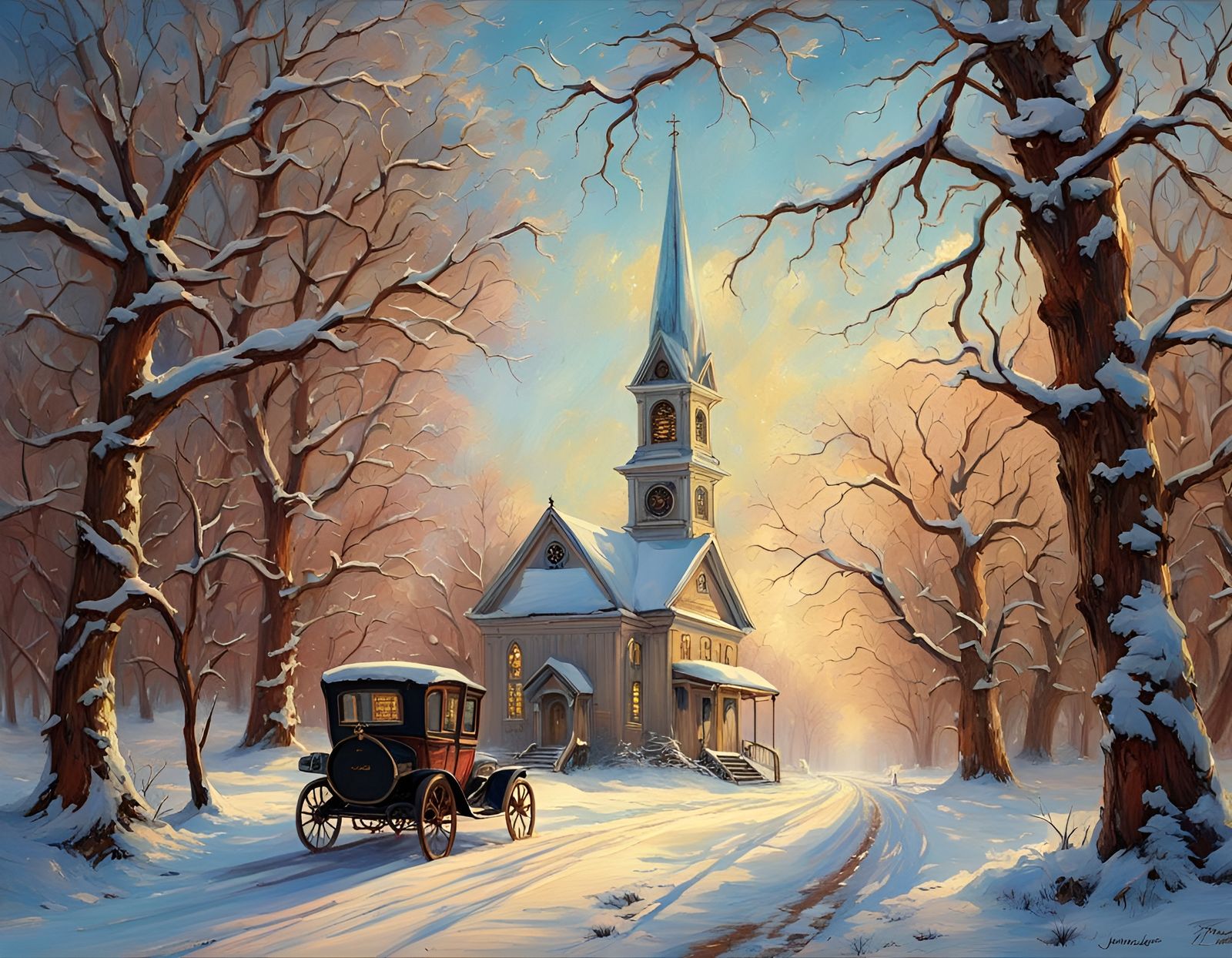 Steampunk Jalopy on Snowy Road, Art Nouveau Style