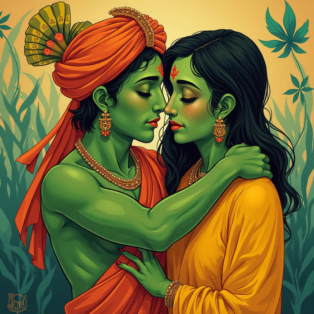 Green-Skinned Couple Embrace in Indian Art Style