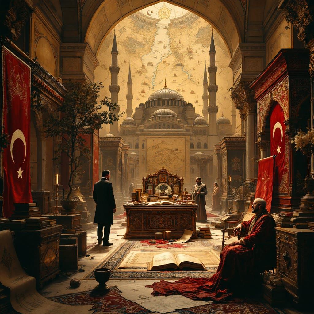 Ottoman Empire Map with Historical Figures in Orientalist St...