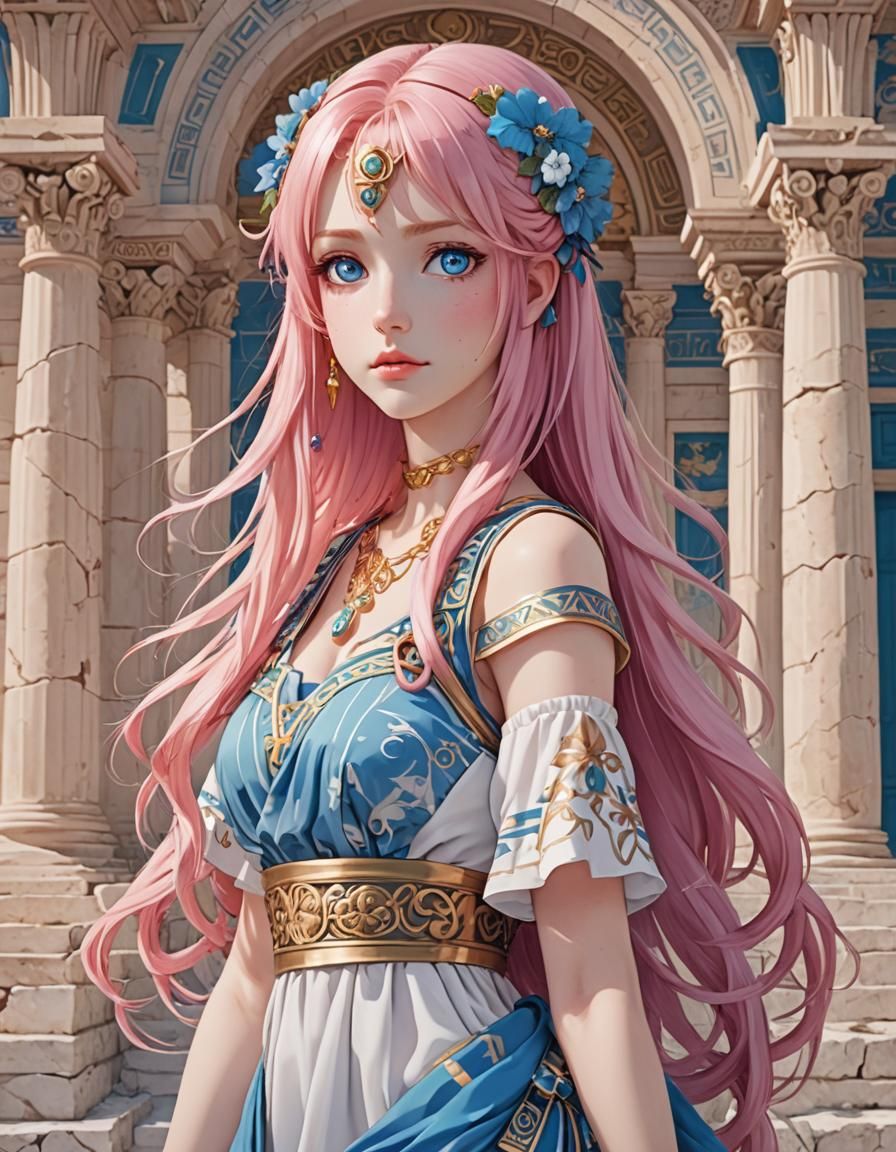 Anime Girl with Pink Hair in Greek Dress