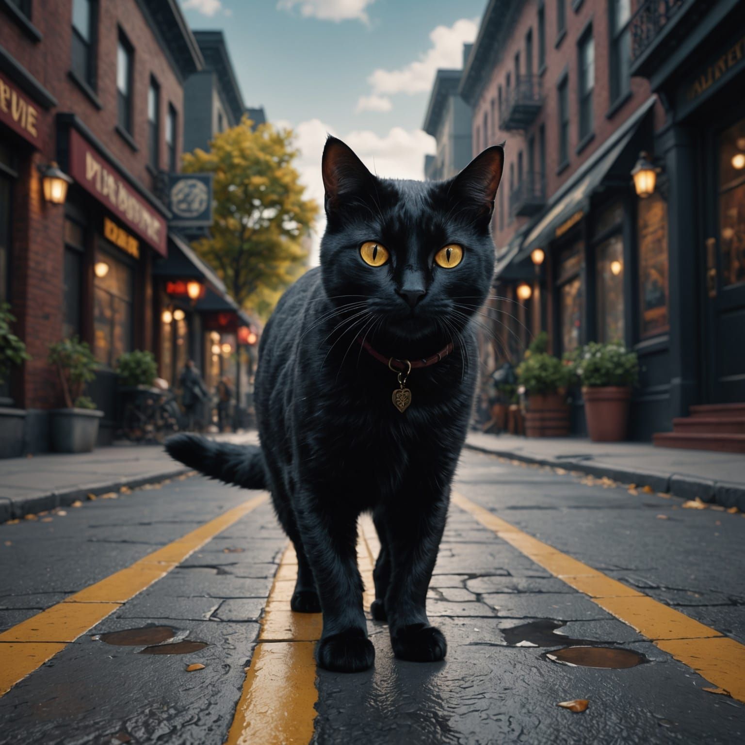 Black Cat Crossing Sidewalk: Detailed Matte Painting