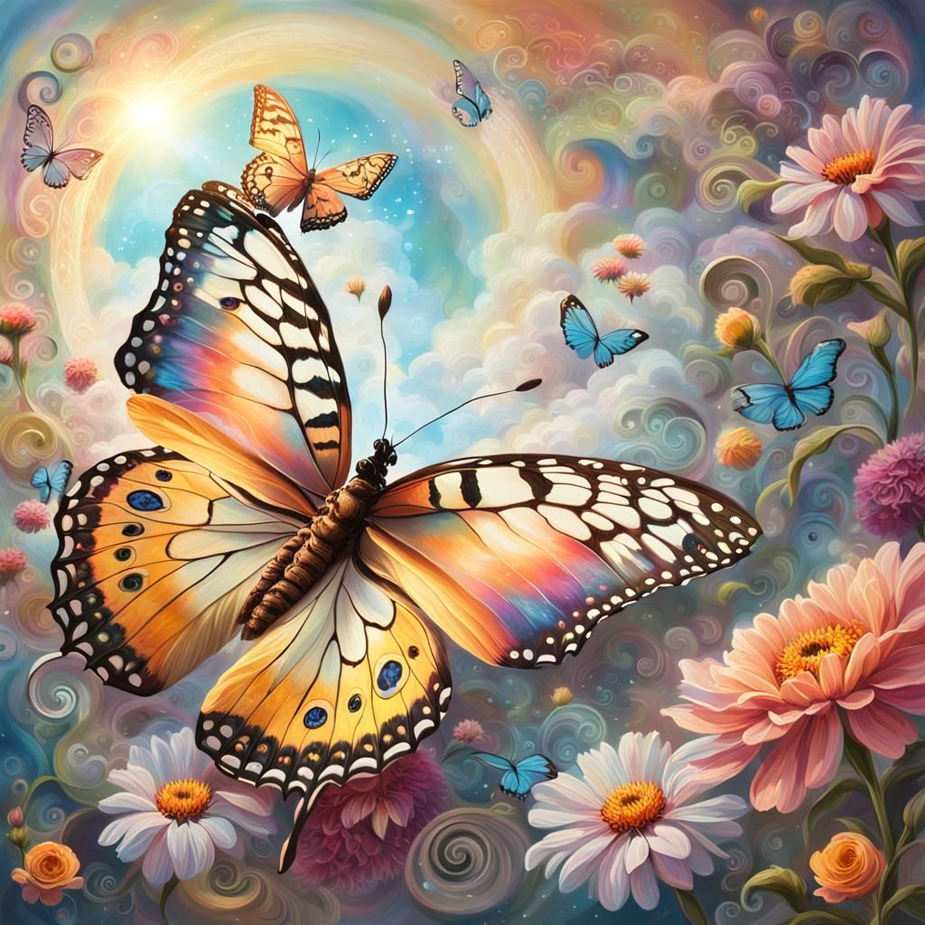 Ethereal Butterfly Oil Painting with Filigree
