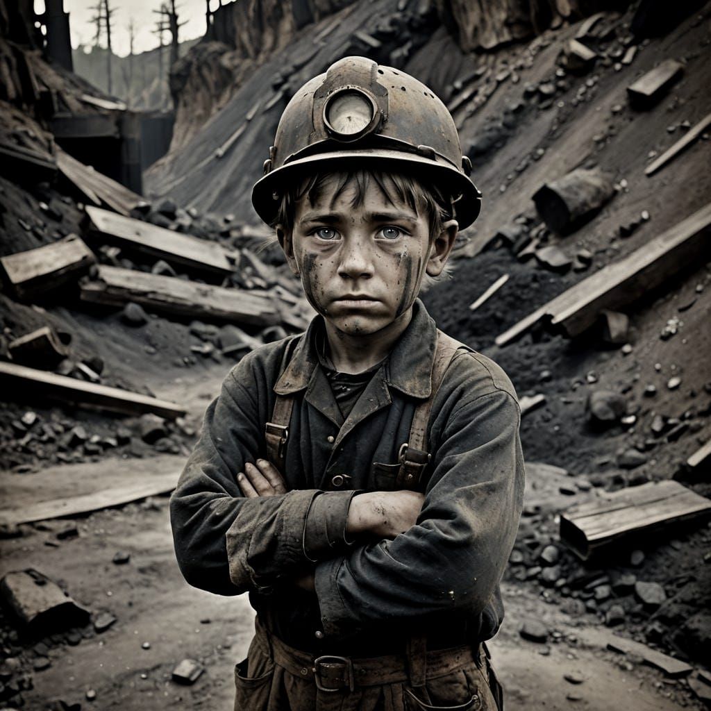 A Young Miner Stares Intensely from the Depths of a Coal Min...