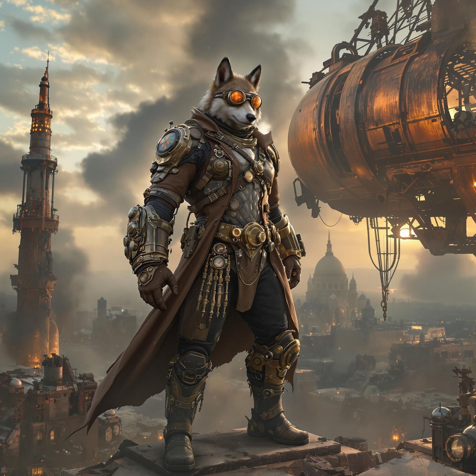 Dieselpunk Wolf Hero on Ruined Airship