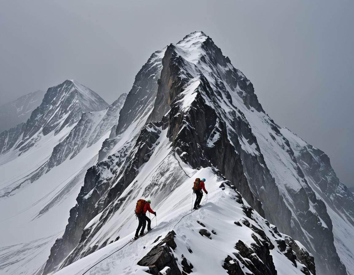 Mountain Climbers Straining to Reach the Summit in Sight
