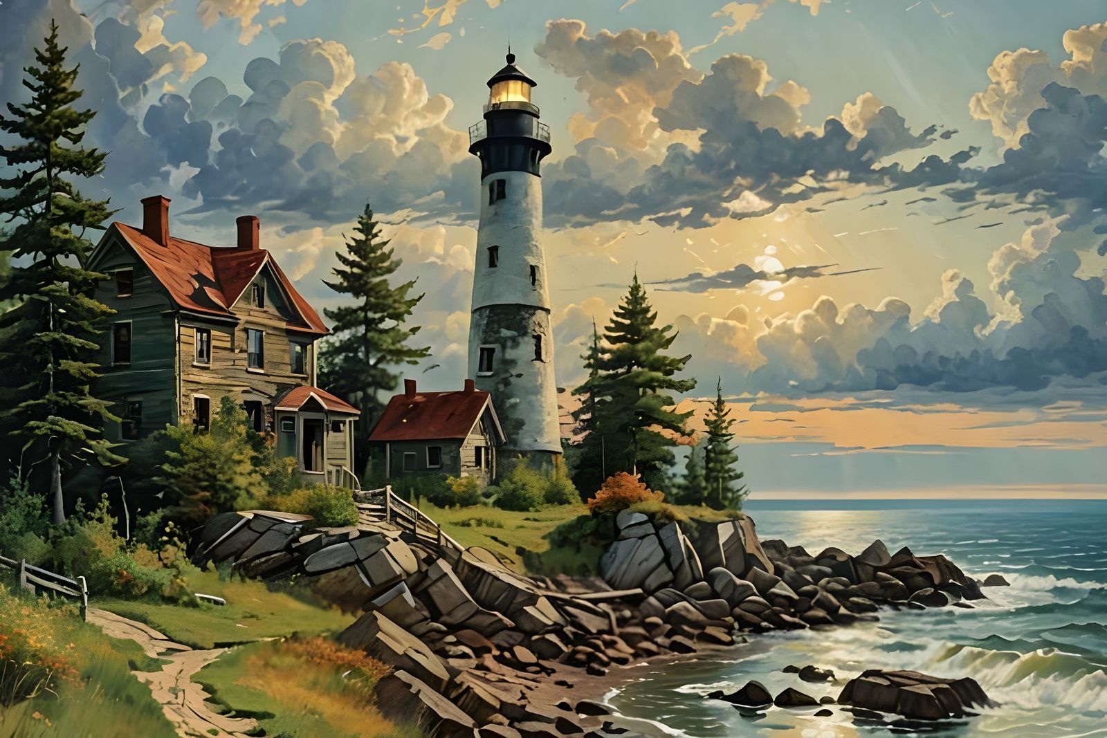 Luminous Michigan Lighthouse Amidst a Vibrant Great Lakes Sk...