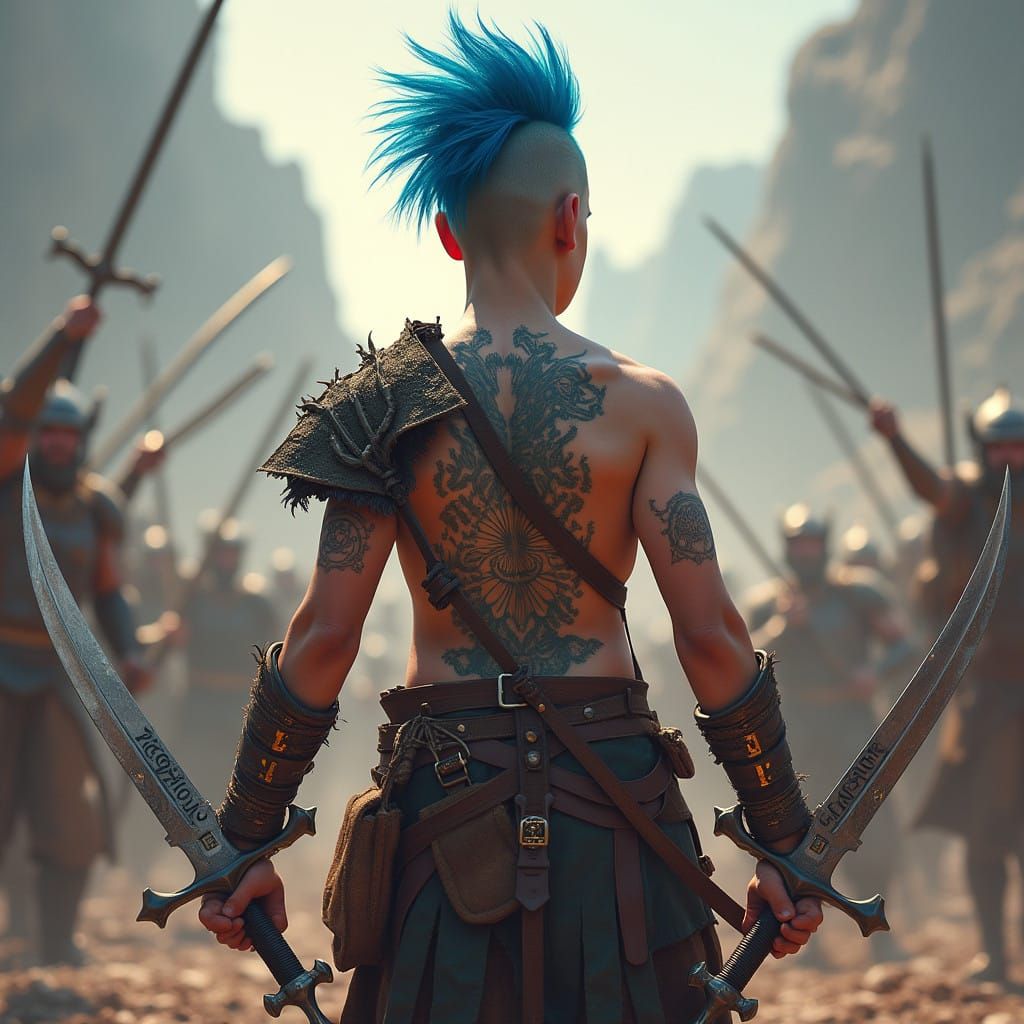 Fantasy Warrior in Electric Blue Mohawk Battling with Ancien...