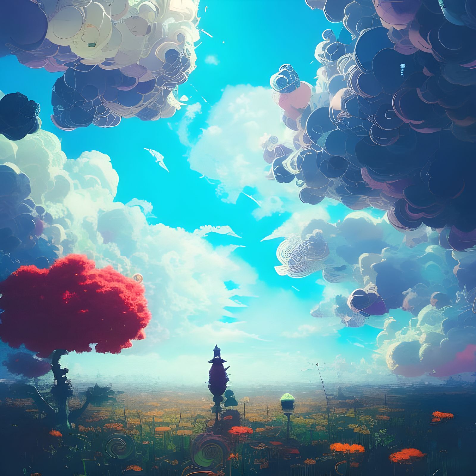 Japanese Cloudscape in Maximalist Photoillustration Style