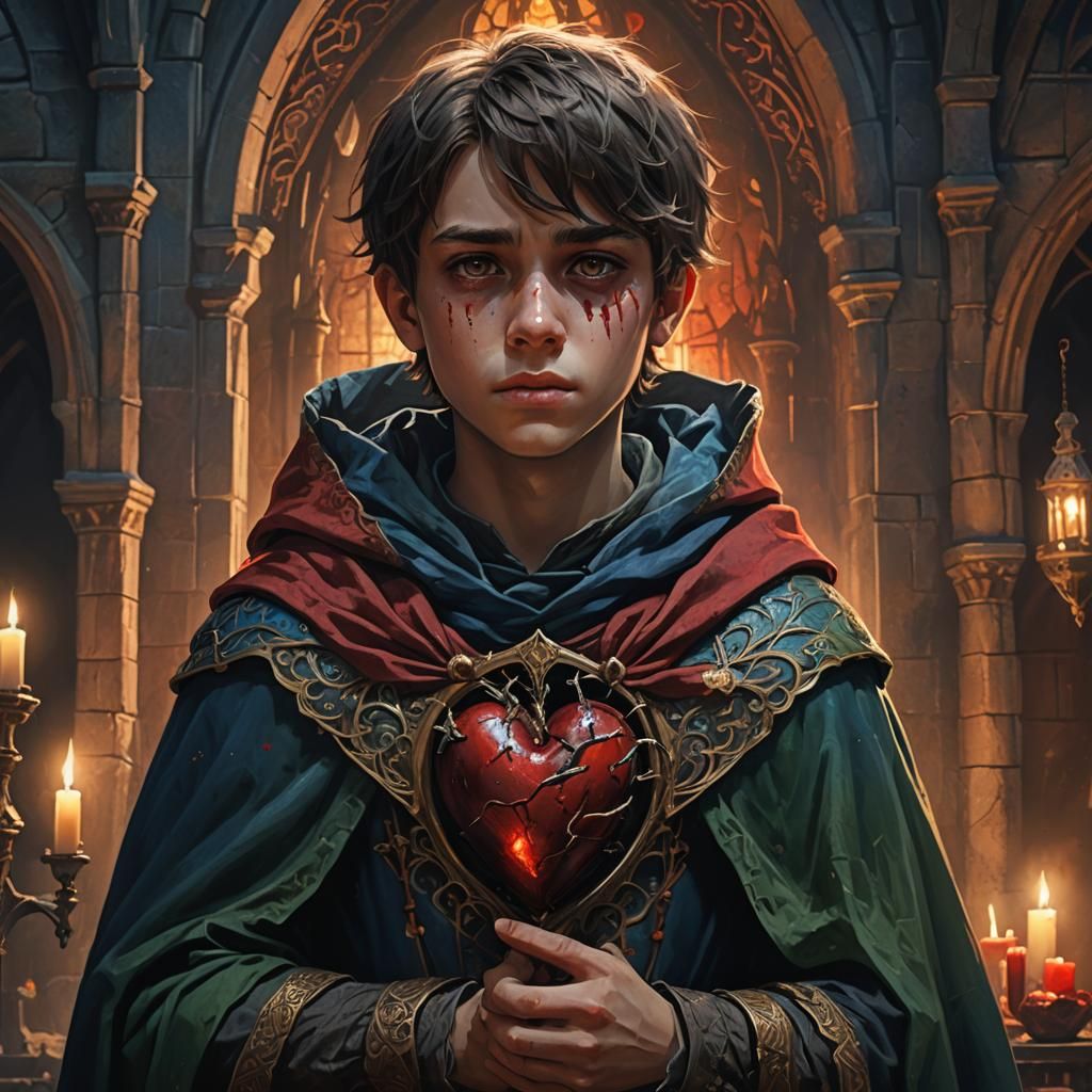 Boy Holds Bleeding Heart in Dark Fantasy Portrait