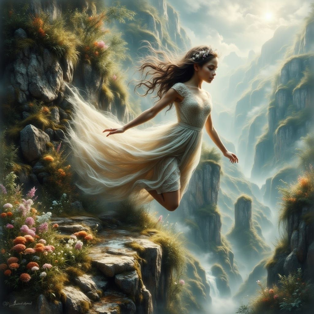 Fairy Leaps from Cliff in Ethereal Realism Style