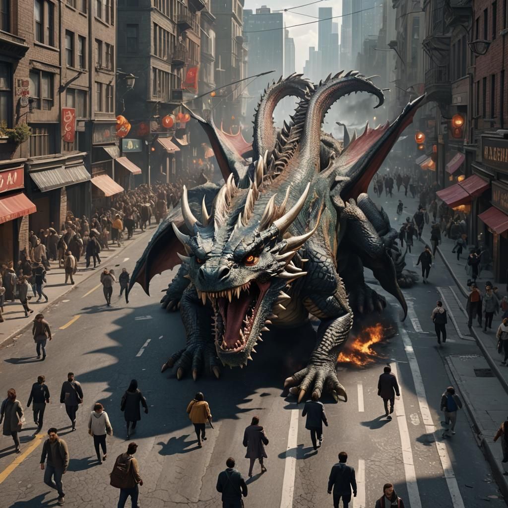 Dragon Attack in City: Hyperrealistic Matte Painting