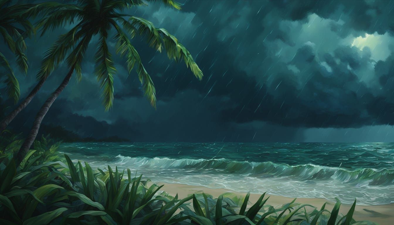 Tropical Beach Storm in Vibrant Oil Painting Style