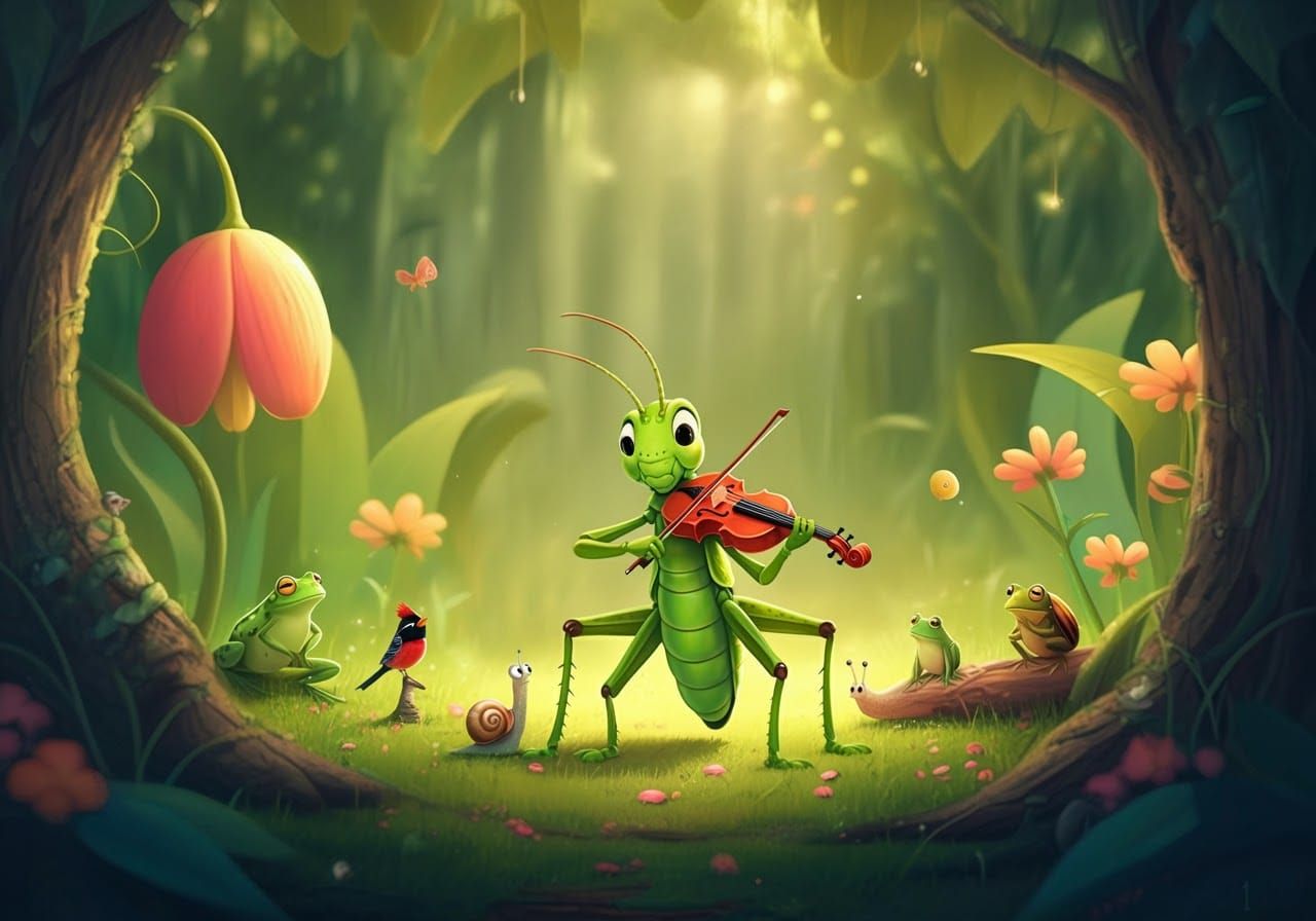 Whimsical Grasshopper Concert in Cartoon Style