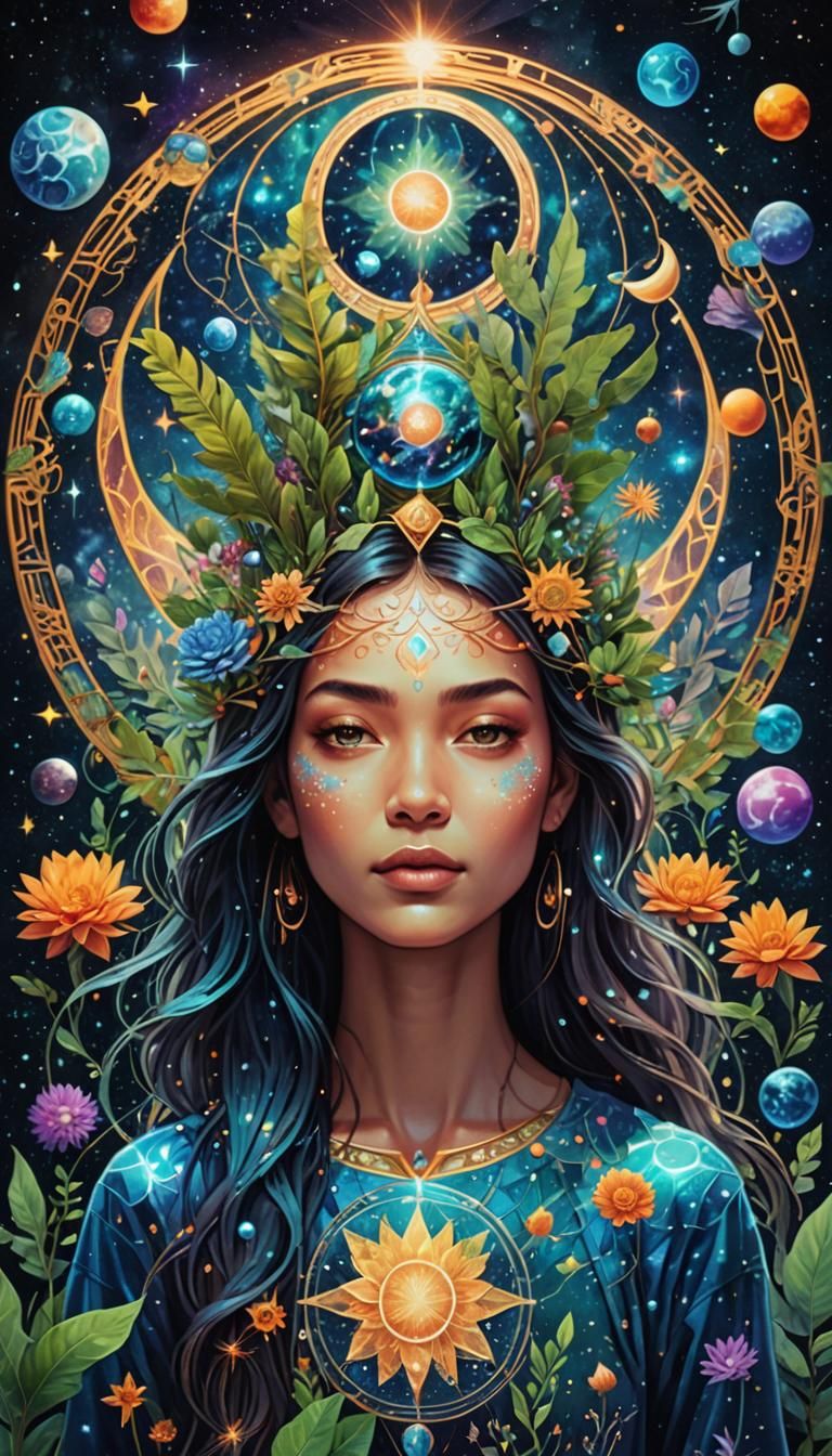 Cosmic Woman Embraces Nature: Holographic Astral Art