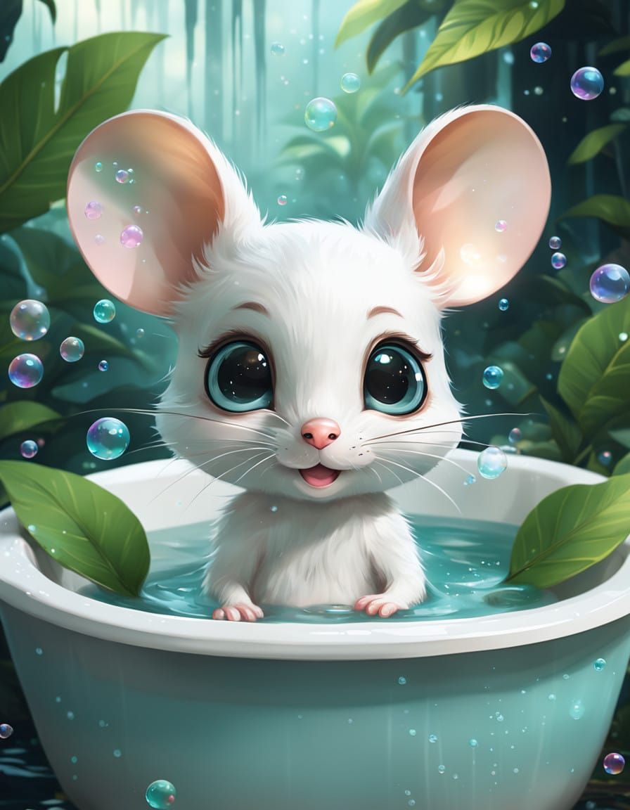 Chibi Baby Mice in Whimsical Rainforest Bath
