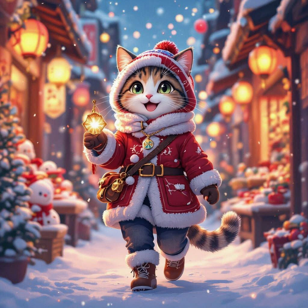 Happy Cat on New Year Street: 3D Anime Art