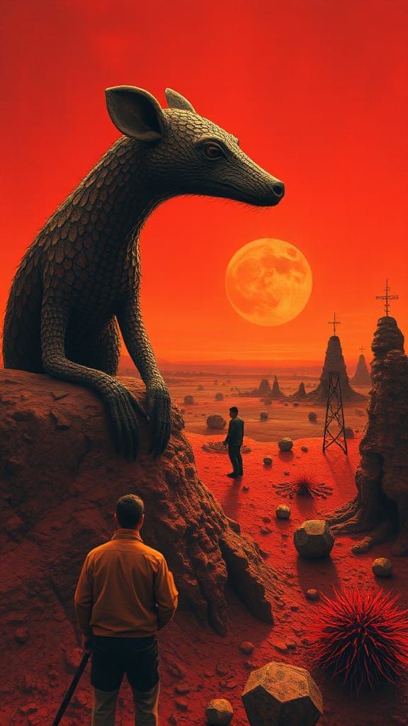 Surreal Anthropomorphic Tapir in Redscale Alien Landscape