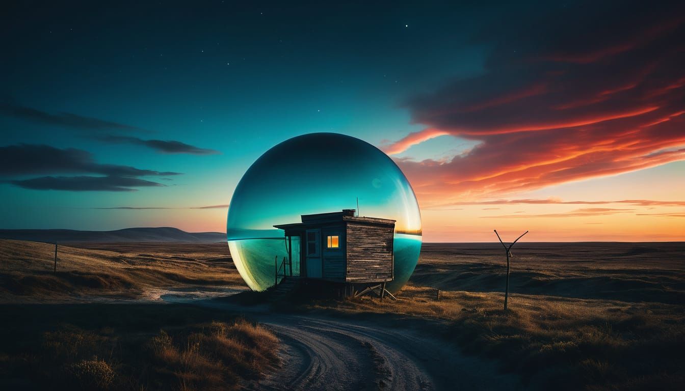 Glass Orb in Vast Alien Landscape with Primary Colors