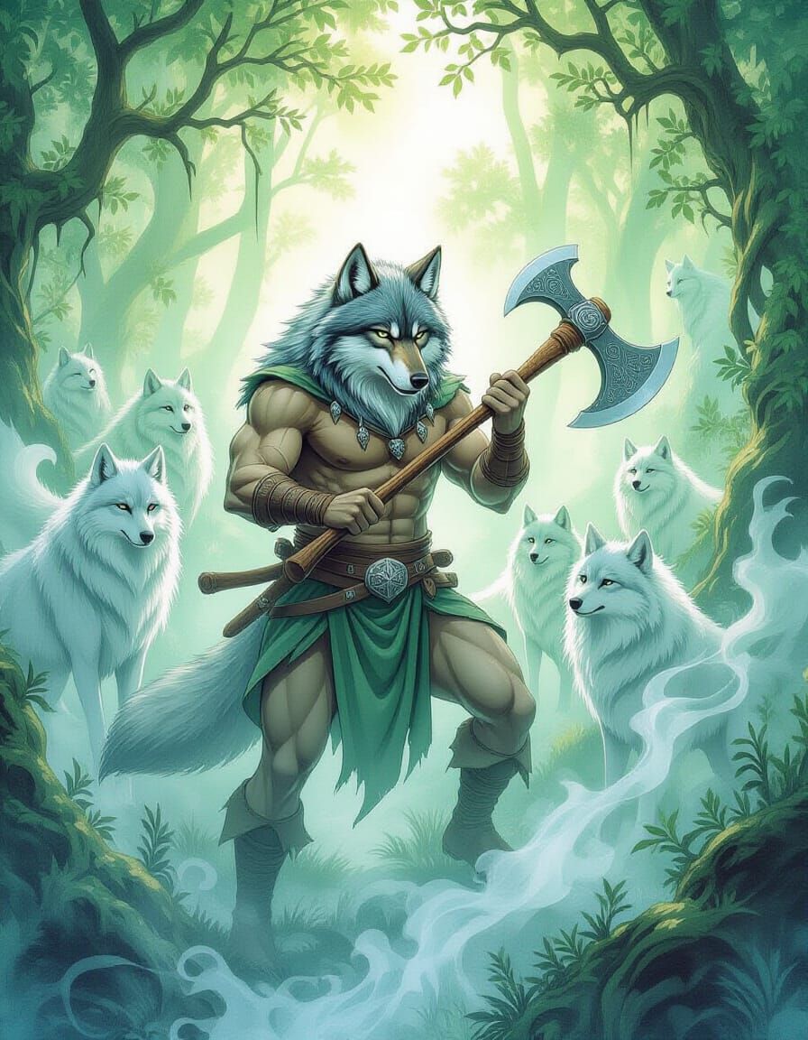 Mystical Wolfman with Axe in Watercolor Forest