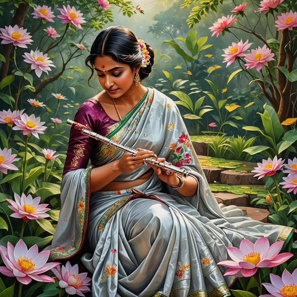 Woman's Floral Symphony: Hyperrealistic Airbrush Oil Paintin...