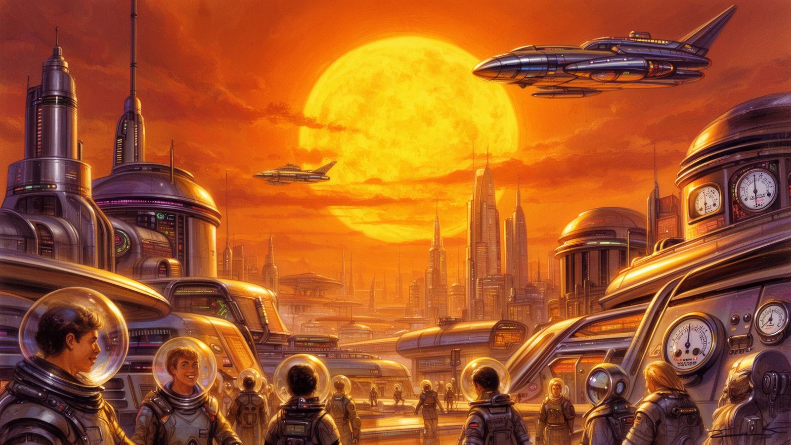 Retro Futuristic Chrome City with Amber Sun