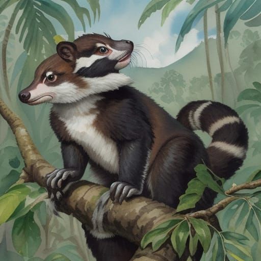 A tropical montane cloud forest n Ecuador. White-nosed coati...