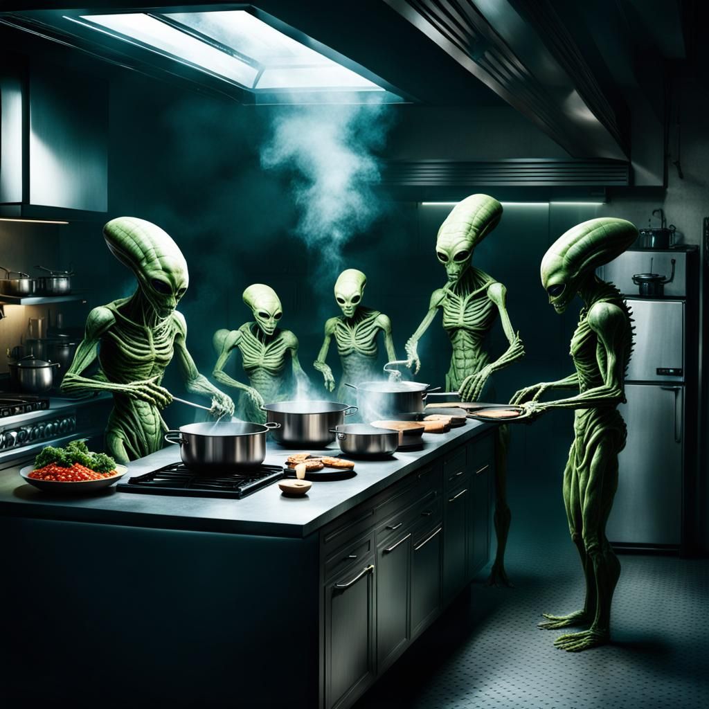 Aliens Cooking Humans in a Kitchen