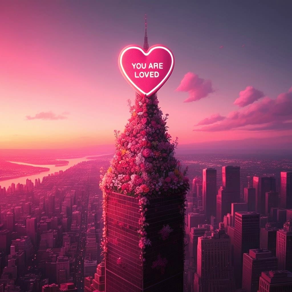 Pastel Skyscraper with Vibrant Conversation Heart at Sunset