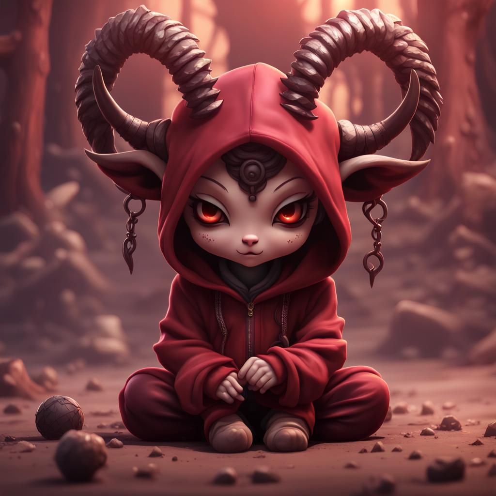 Cute Chibi Baphomet Figure in Dark Red Hoodie