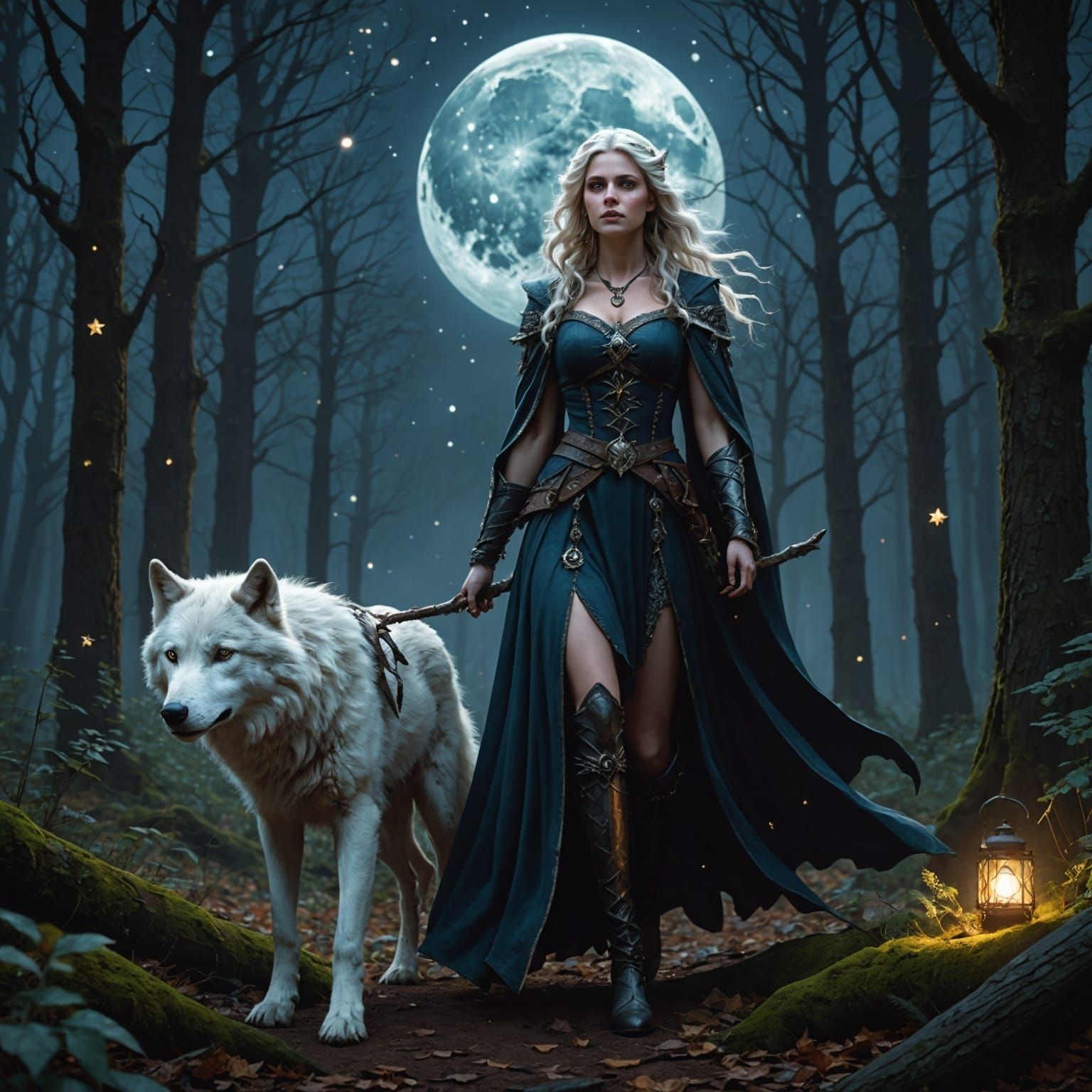 Goddess and Wolf in Enchanted Forest, Fantasy Art