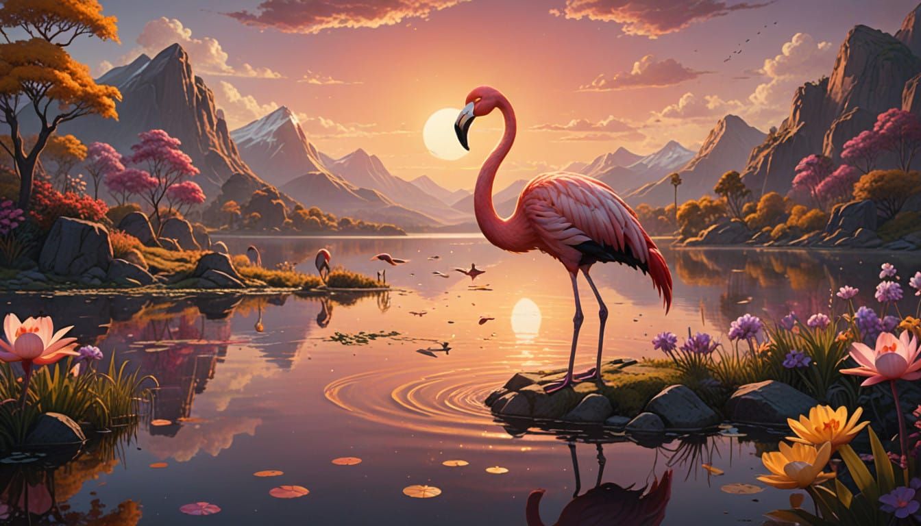 Surreal Flamingo Lakescape in Vibrant Art Nouveau Style