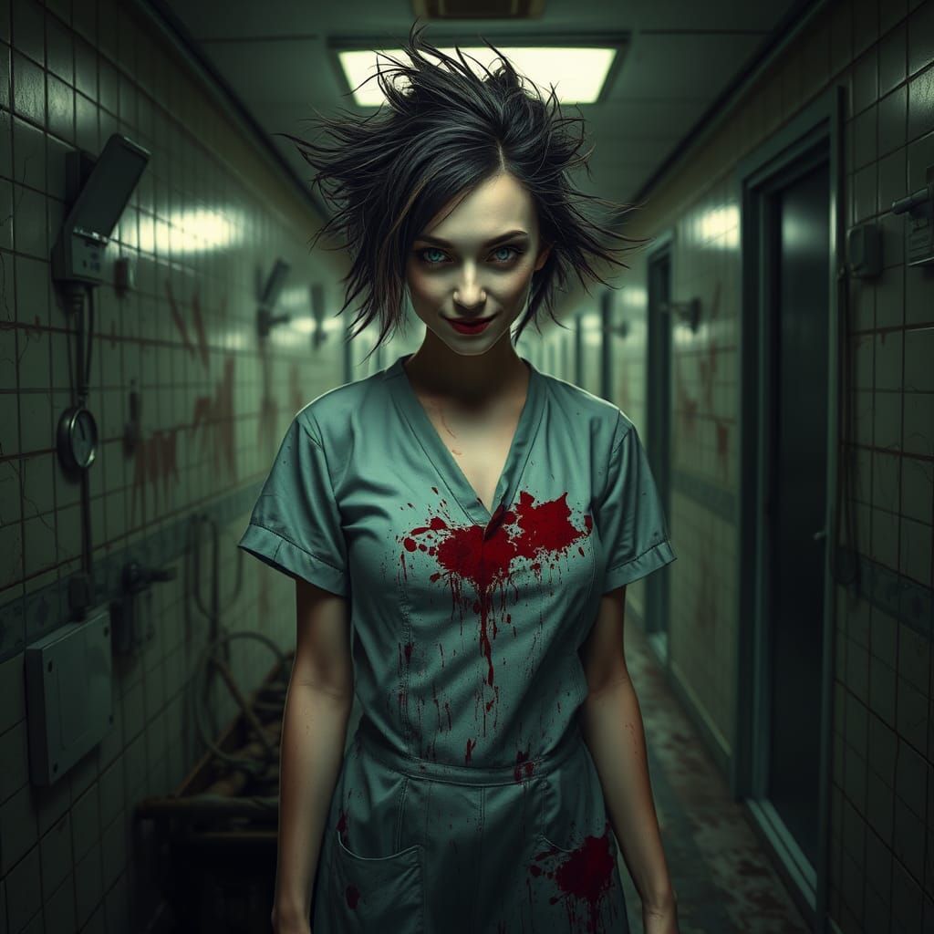 Horror Nurse in Decaying Hospital Corridor