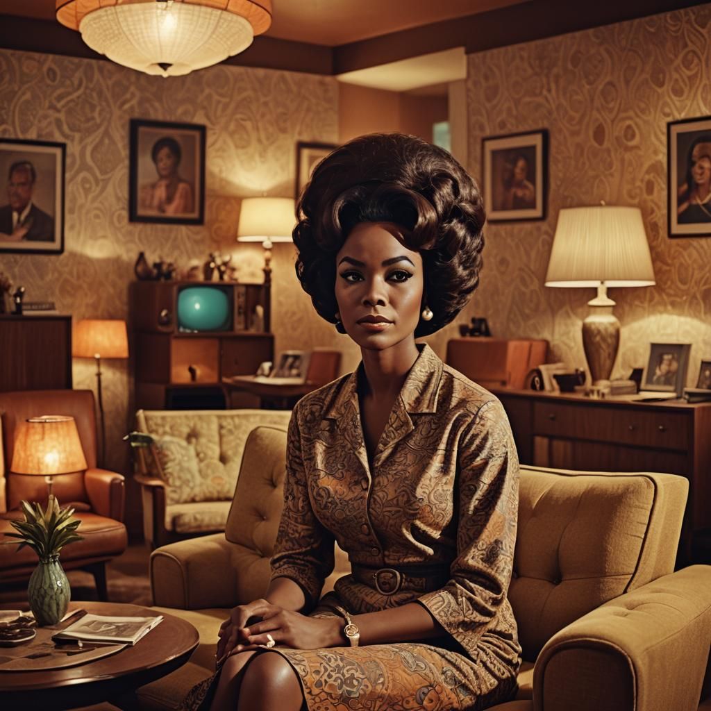 1960s Woman in Retro Living Room, Digital Painting