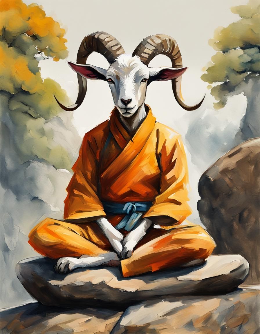 Shaolin goat in advanced yoga pose meditating on a rock in quiet contemplation