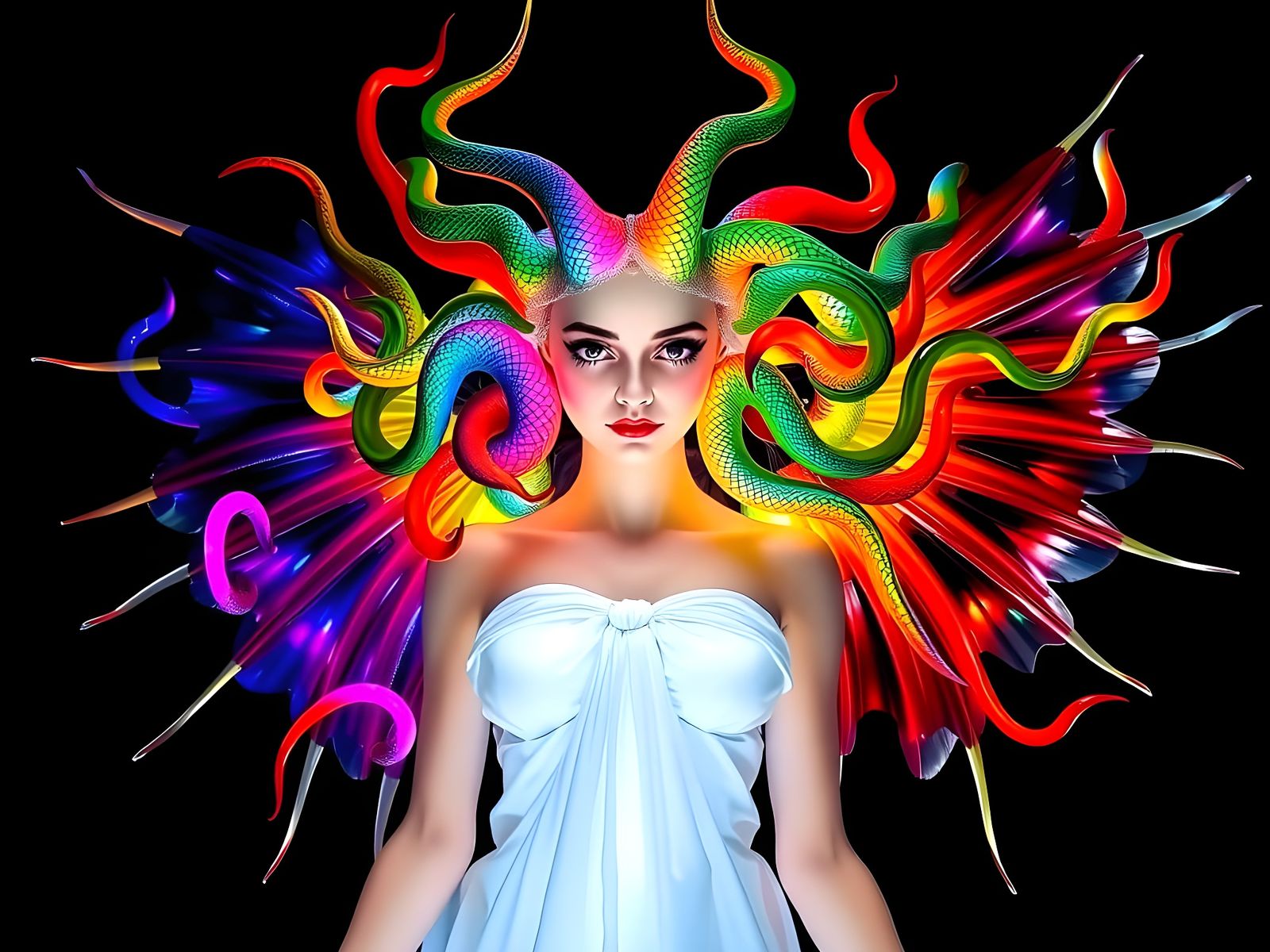 Illuminated Medusa with Glass Snake Hair and Wings