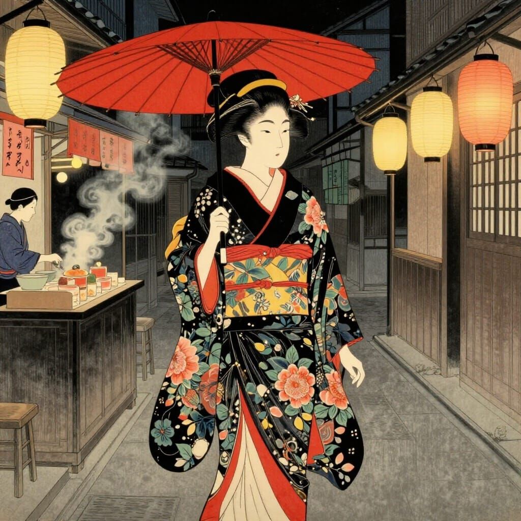 Oiran in Kimono Holding Umbrella, Ukiyo-e Style