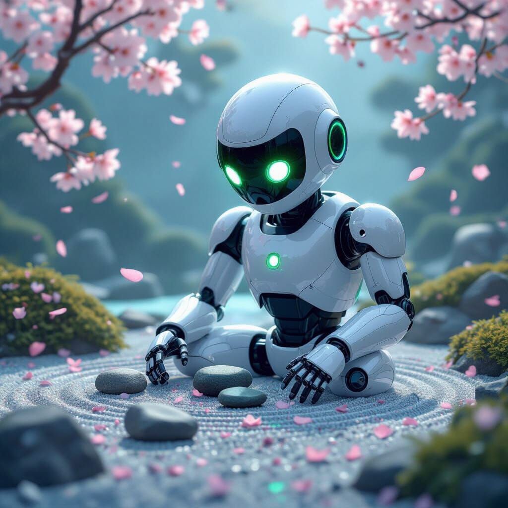 Robot in Art Deco Zen Garden with Cherry Blossoms