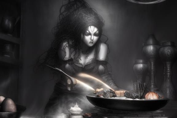 Gothic Witch Cooking in a Dark Kitchen
