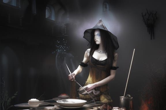 Gothic Witch Cooking in a Dark Kitchen