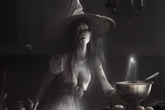 Gothic Witch Cooks in Dark Kitchen, Digital Art