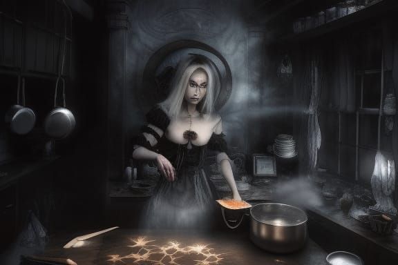 Gothic Witch Cooking in a Dark Kitchen