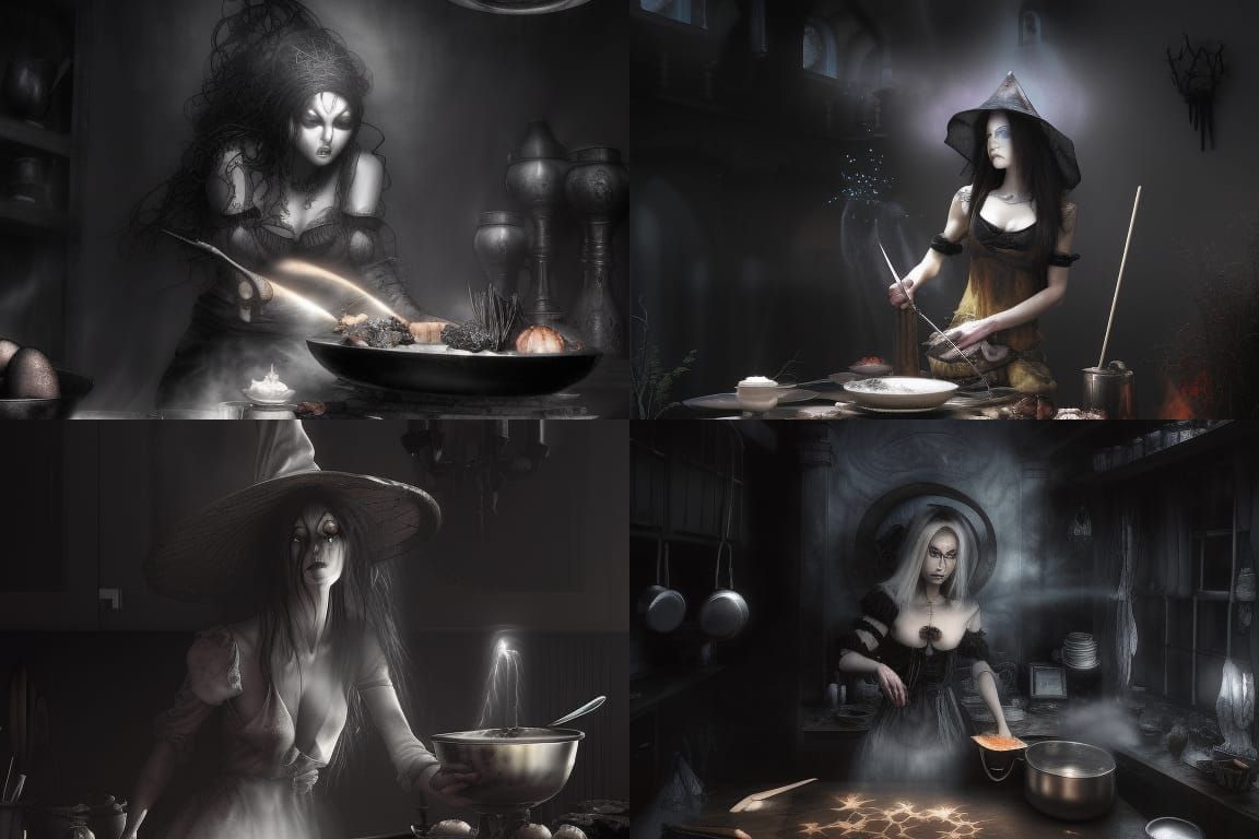 Gothic Witch Cooking in a Dark Kitchen