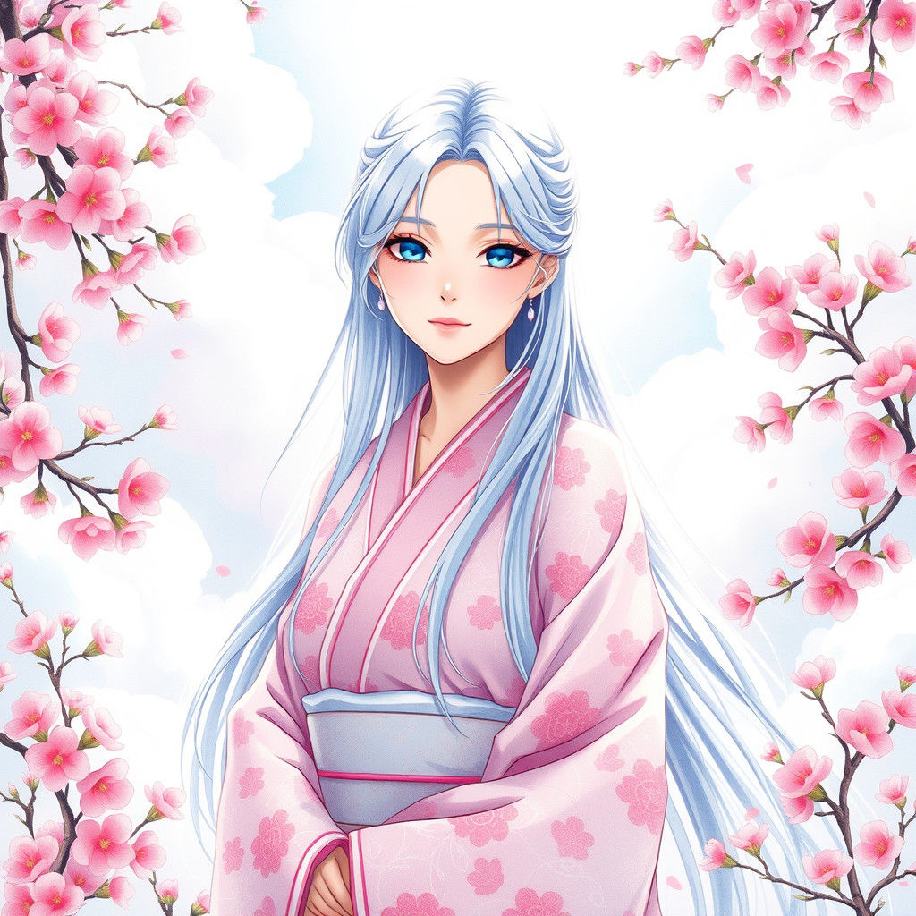 Anime Woman with Blue Eyes in Cherry Blossom Kimono