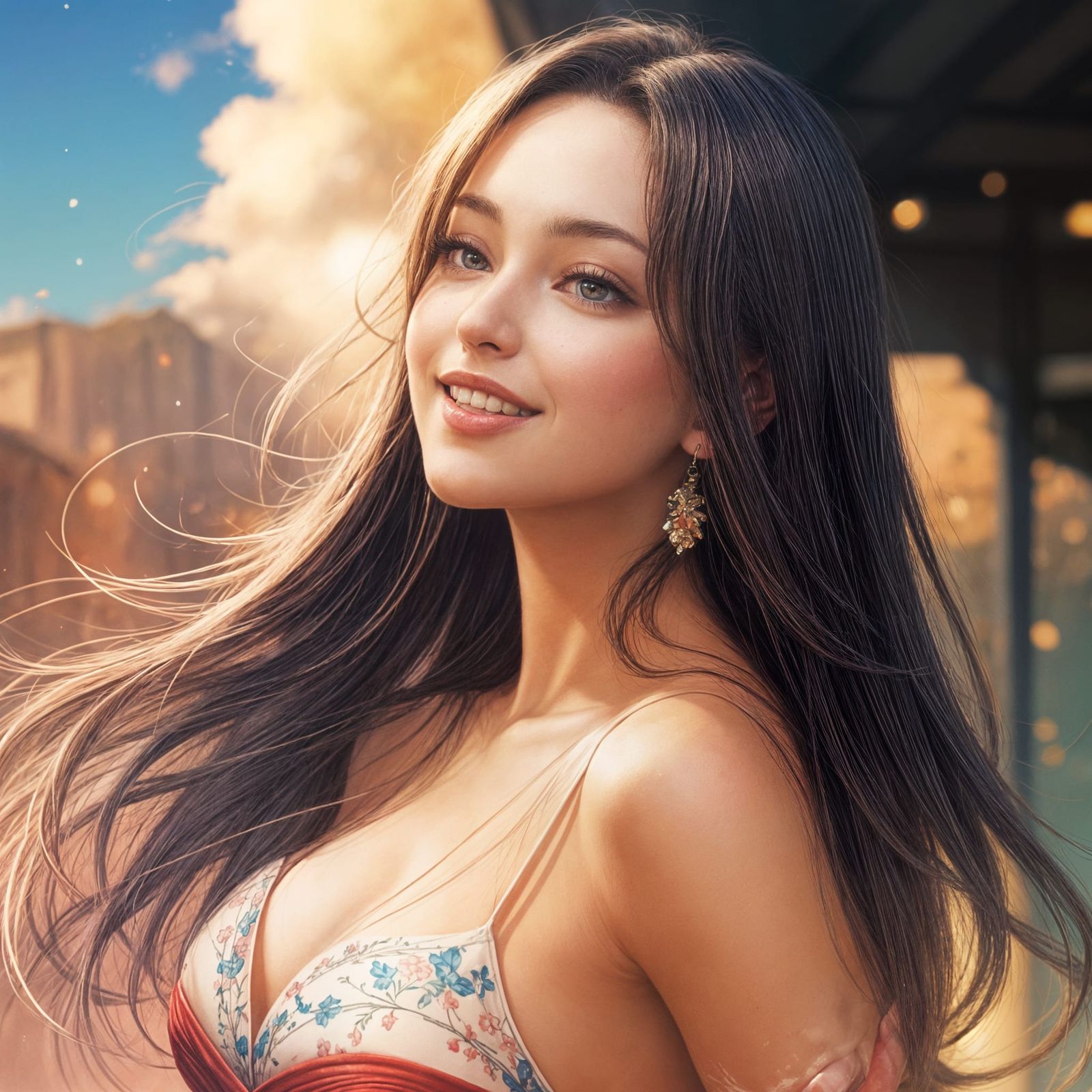 Realistic Gouache Painting of a Smiling Woman