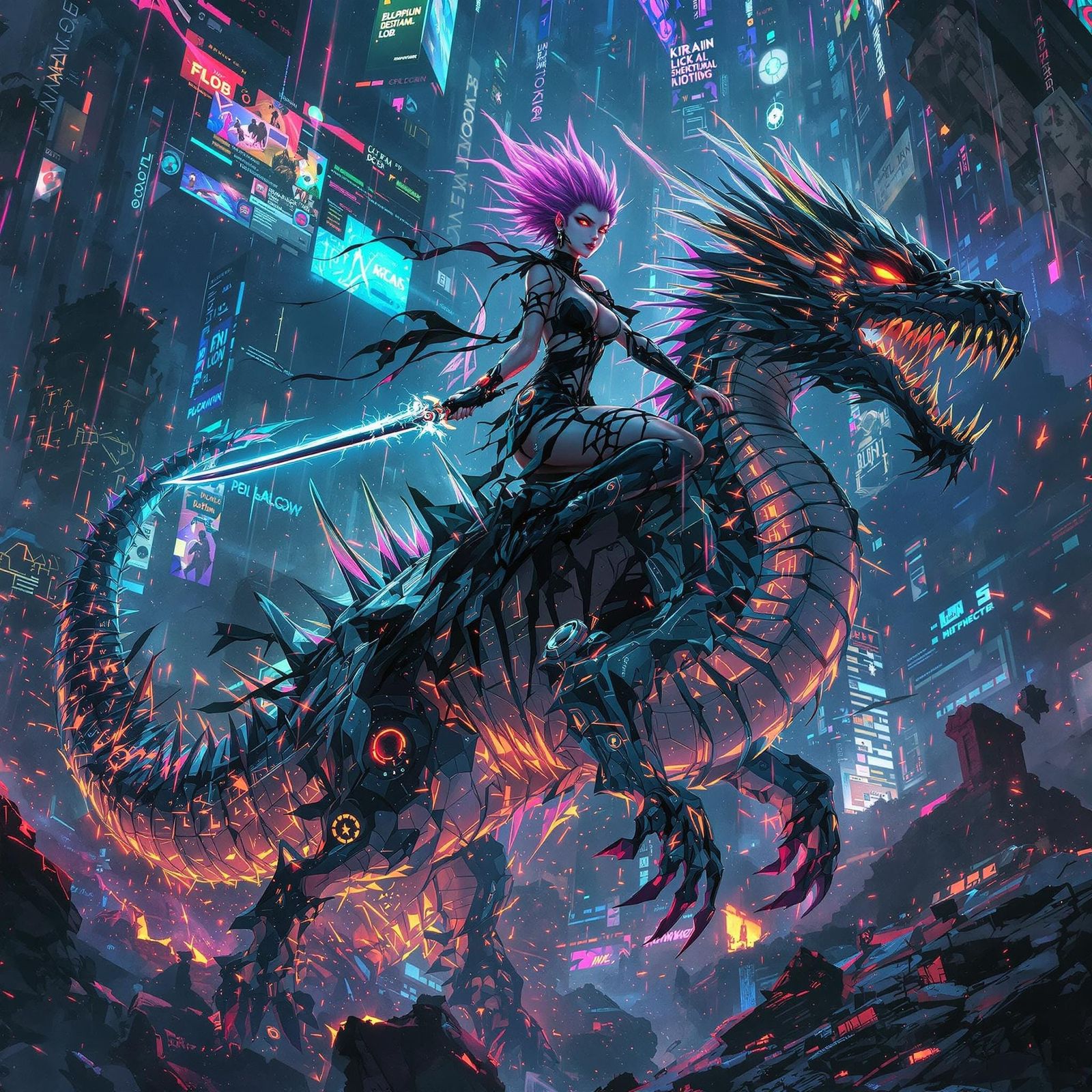 Cyberpunk Valkyrie Rides Dragon in Digital Storm