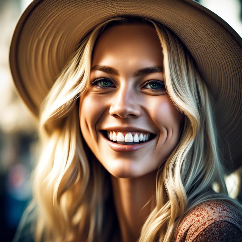 Smiling Blond Woman Enjoying Pho, Hyperrealistic Image