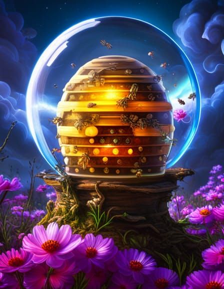 Glowing Beehive in Glass Orb Diorama