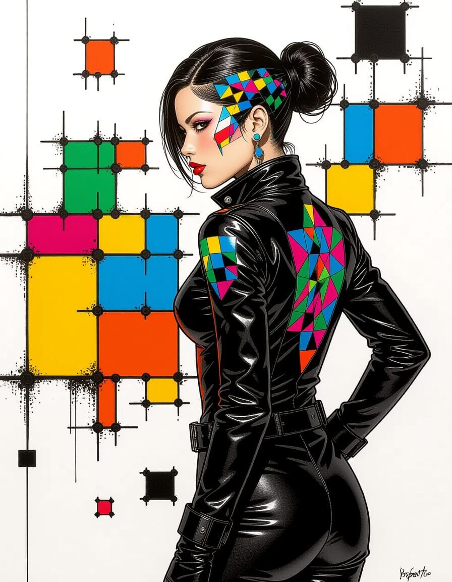 Cyberpunk Astronaut Glancing Back with Geometric Body Art