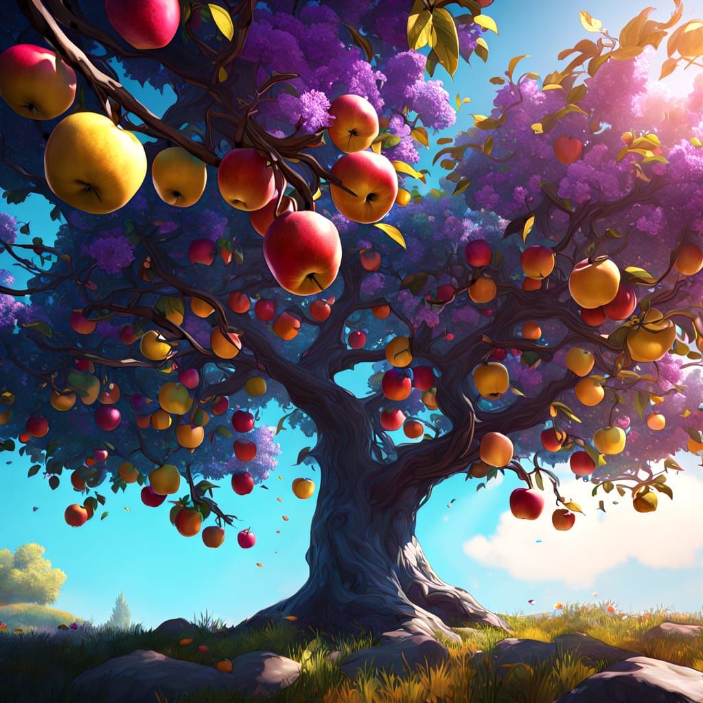 Lush Triadic Color Palette Fruit Tree in Vibrant Hyperdetail...
