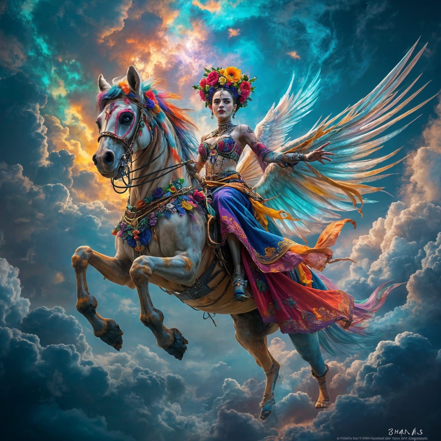 Hyperrealistic Frida Kahlo Skeleton on Pegasus